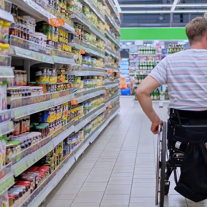 man shopping in wheelchair