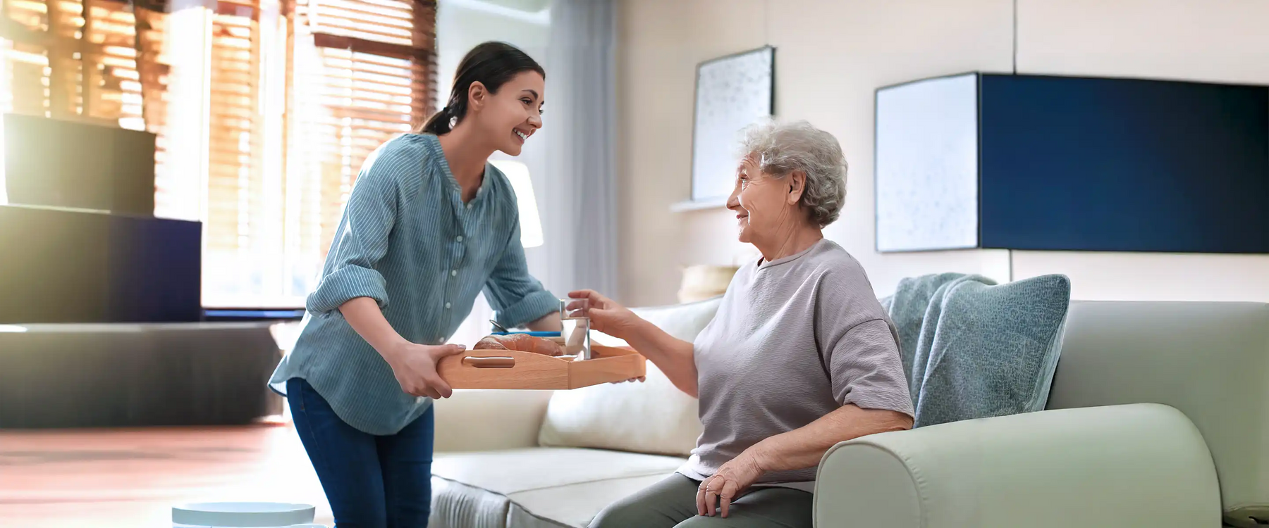 Young woman serving dinner for elderly woman