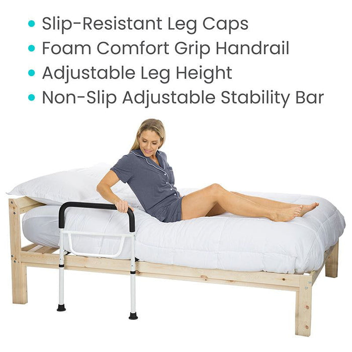 slip-resistant leg caps, foam comfort grip handrail, adjustable leg height, non-slip adjustable stability bar