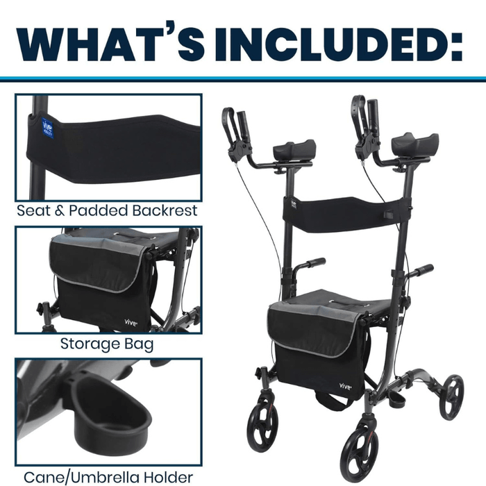 includes seat and padded backrest, storage bag, cane/umbrella holder