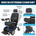 electric wheelchair with adjustable headrest, thick cushioned seat, and 360 degree swivel seat