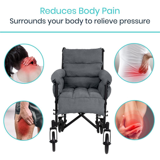 full wheelchair cushion surrounds body to relieve pressure