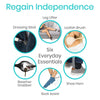 Regain independence with six everyday essentials: Leg Lifter, Loofah Brush, Shoe Horn, Sock Assist, Reacher Grabber, Dressing Stick
