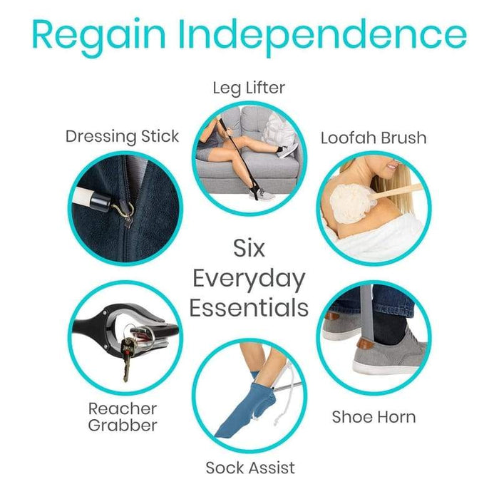 Regain independence with six everyday essentials: Leg Lifter, Loofah Brush, Shoe Horn, Sock Assist, Reacher Grabber, Dressing Stick