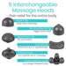 6 Interchangeable Massage Heads. Pain relief for the entire body. Round Tip: deep tissue massage, Pointed Round Tip: trigger point relief, Mushroom Tip: for bone joints, Curved Tip: perfect for arm & leg massage, 3 Point Head: for a gentle touch massage, 3 Point Intense Head: for a larger targeted area