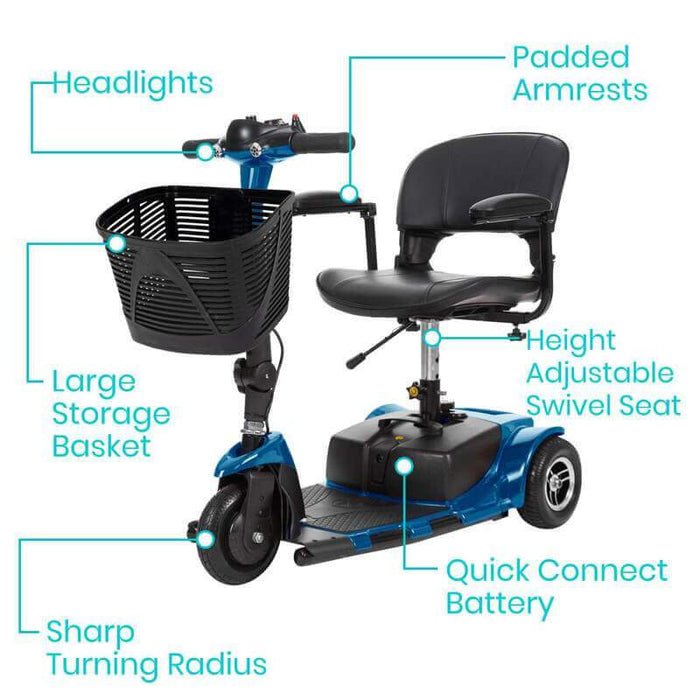 3 Wheel Scooter: Headlights, Padded Armrests, Large Storage Basket, Height Adjustable Swivel Seat. Quick Connect Battery, Sharp Turning Radius