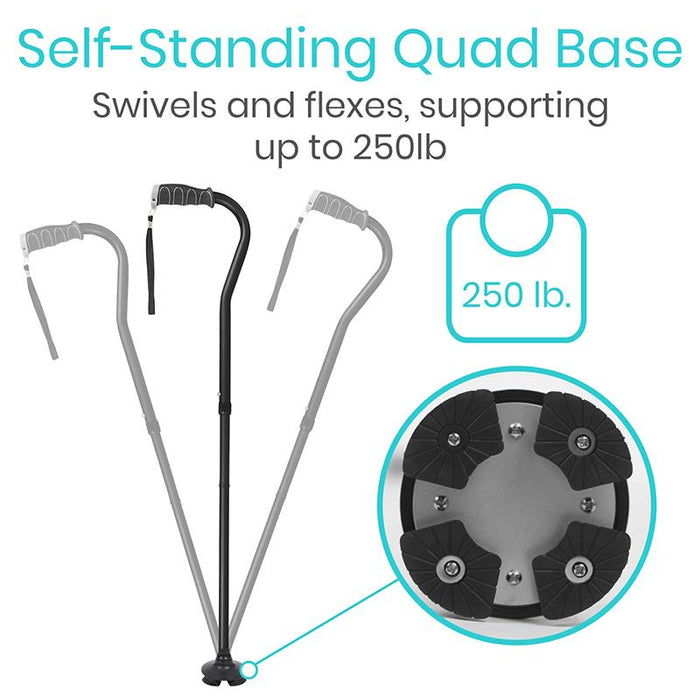 Self-standing quad base. Swivels and flexes, supporting up to 250 lb