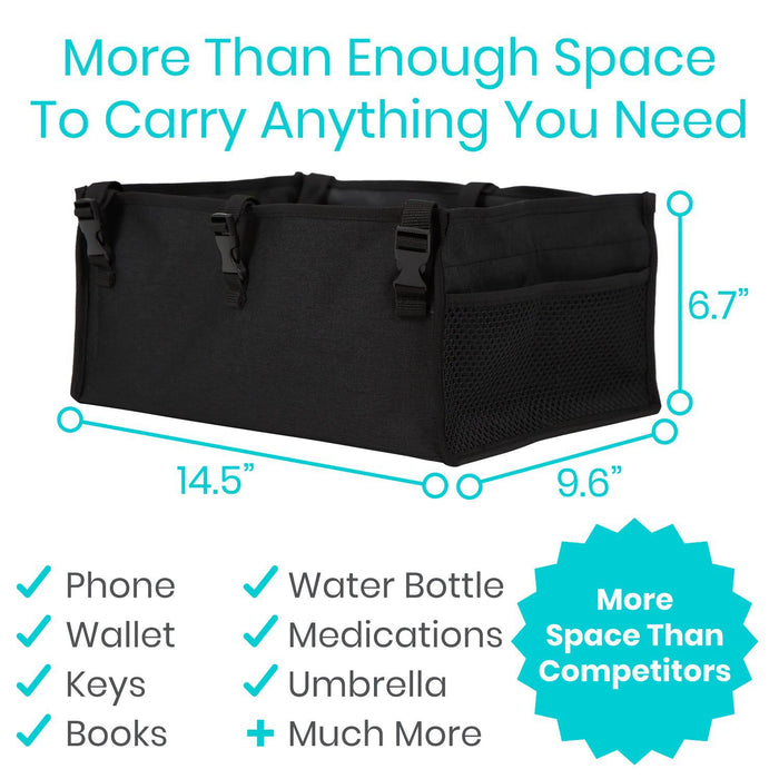 generously sized to carry belongings. 14.5" x 9.6" x 6.7" 