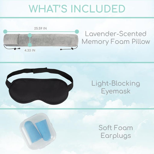 What's included. Lavender scented memory foam pillow (25.59 inches by 4.33 inches). Light blocking eyemask and soft foam earplugs.