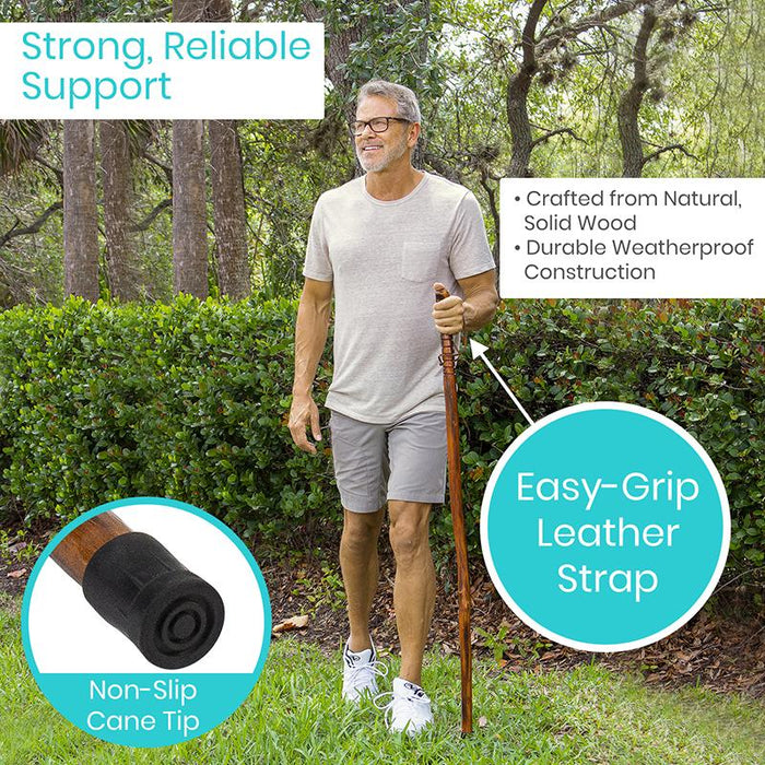 Strong, reliable support. Non-slip Cane. Easy-grip leather strap. Crafted from natural, solid wood. Durable weatherproof construction