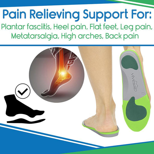 Pain Relieving Support for: Plantar fasciitis, heel pain, flat feet, leg pain, metatarsalgia, high arches and back pain