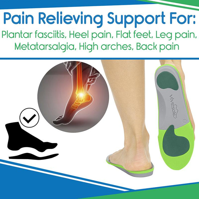 Pain Relieving Support for: Plantar fasciitis, heel pain, flat feet, leg pain, metatarsalgia, high arches and back pain