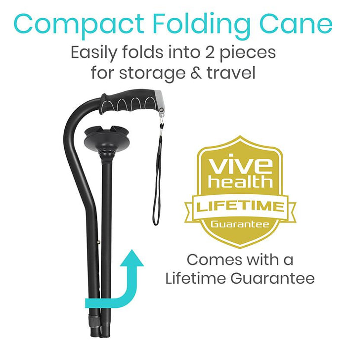 Compact folding cane. Easily folds into 2 pieces for storage & travel. Comes with a lifetime guarantee