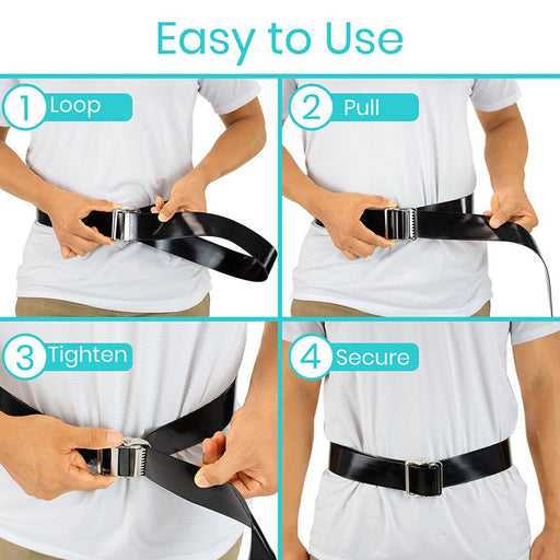 loop, pull, tighten, and secure to use transfer belt