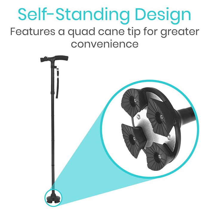 Self-standing design. Features a quad cane tip for greater convenience