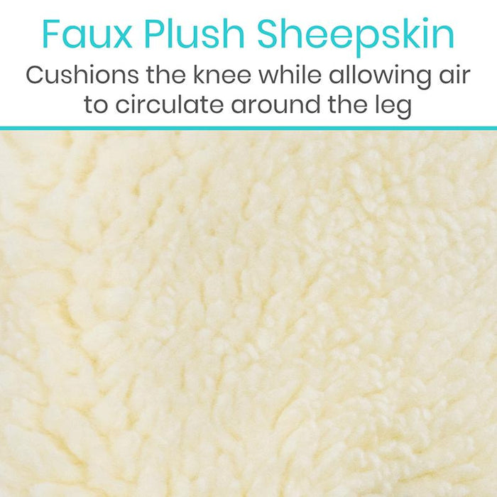 Faux plush sheepskin, cushions the knee while allowing air to circulate around the leg