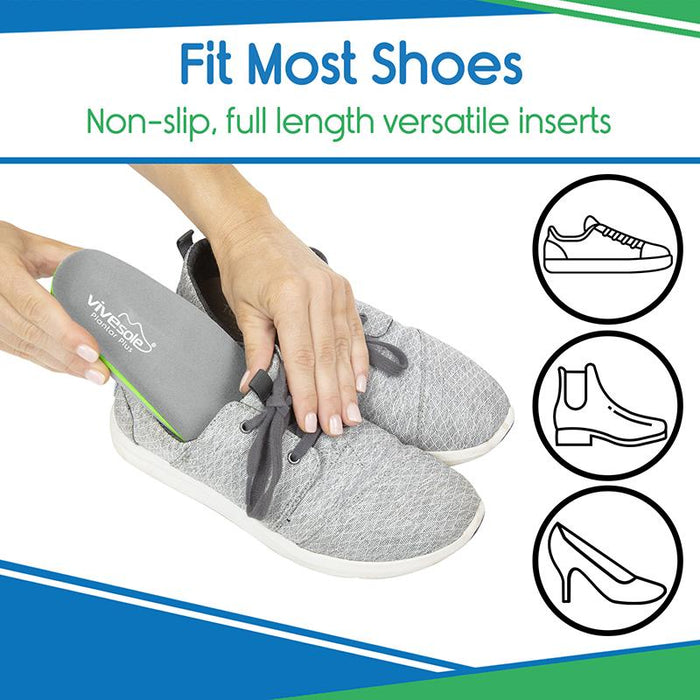 Fit most shoes. Non-slip, full length versatile inserts