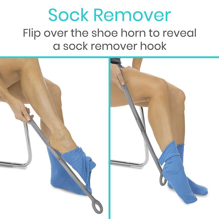 Sock Remover Flip over the shoe horn to reveal a sock remover hook