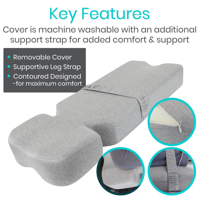 full knee pillow with removable cover, leg strap, and contour design