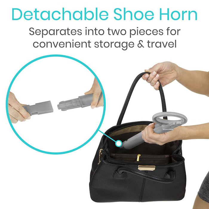 Detachable Shoe Horn Separates into two pieces for convenient storage & travel