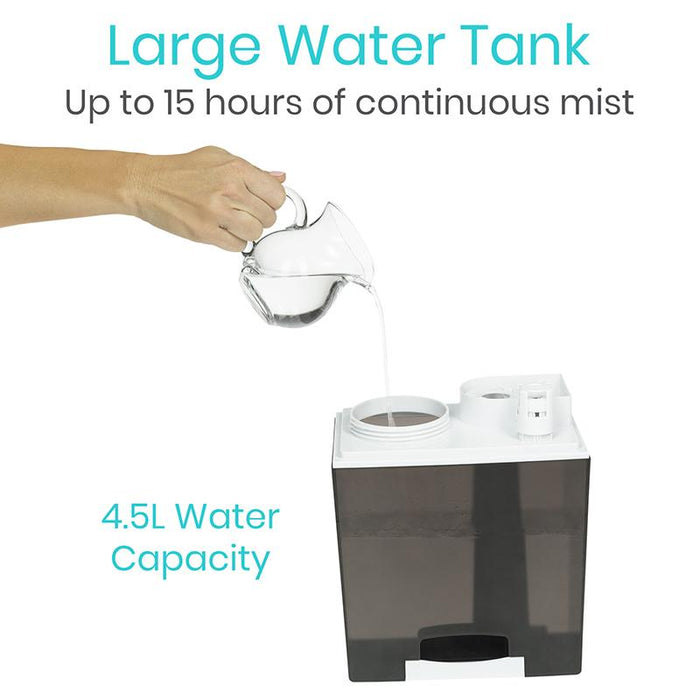 Large water tank. Up to 15 hours of continuous mist. 