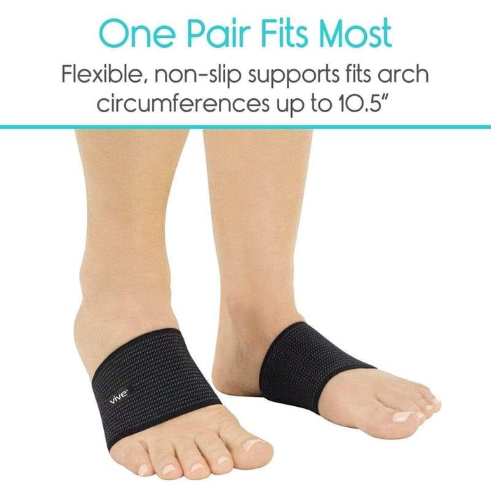 One Pair Fits Most. Flexible, non-slip support fits arch circumferences up to 10.5"