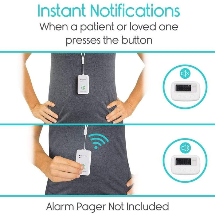 Instant Notifications. When a patient or loved one presses the button. Alarm Pager Not Included