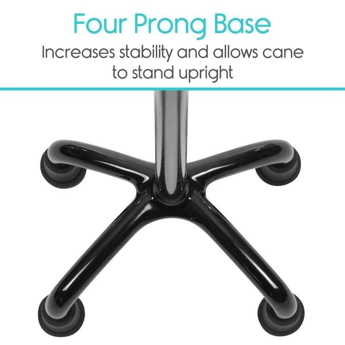 Four Prong Base increases stability and allows cane to stand upright