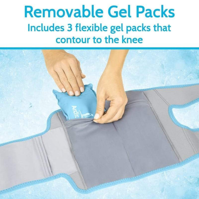 Knee brace with removable gel packs. Includes 3 flexible gel pack that contour to the knee