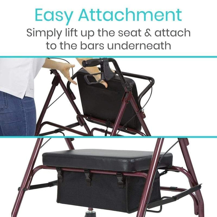 Easy attachment. Simply lift up the seat and attach to the bars underneath