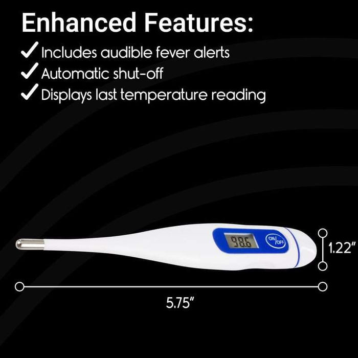 Enhanced Features: Includes audible fever alerts, Automatic shut-off, Displays last temperature reading