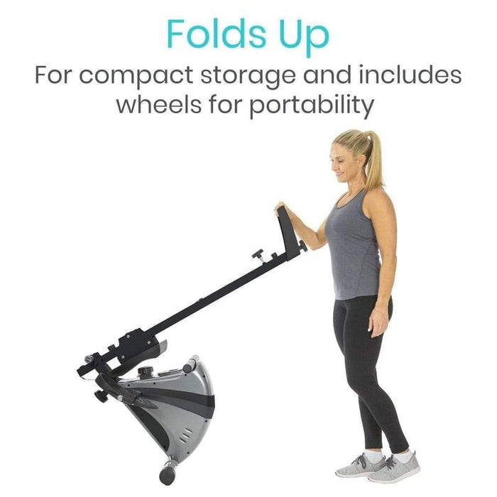 Folds up for compact storage and includes wheels for portability