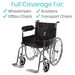 Provides full coverage for wheelchairs, scooters, office chairs and transport chairs