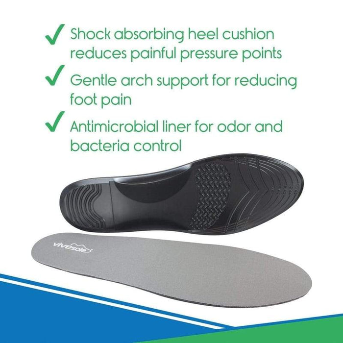 Shock absorbing heel cushion, reduces painful pressure points; Gentle arch support for reducing foot pain; Antimicrobial liner for odor and bacteria control