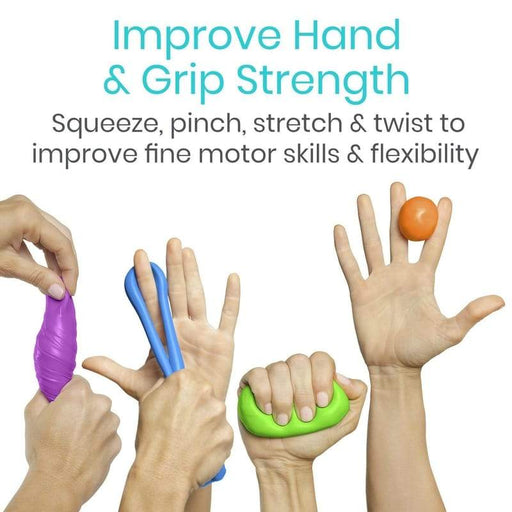 Improve hand and grip strength. Squeeze, pinch, stretch and twist to improve fine motor skills and flexibility.