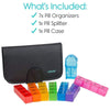 7 daily organizers for medications, blue pill splitter and black leather case