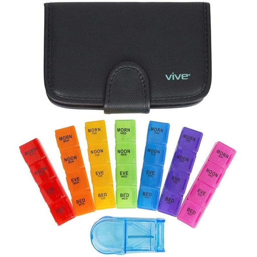 7 day pill organizer with splitter and black leather travel case