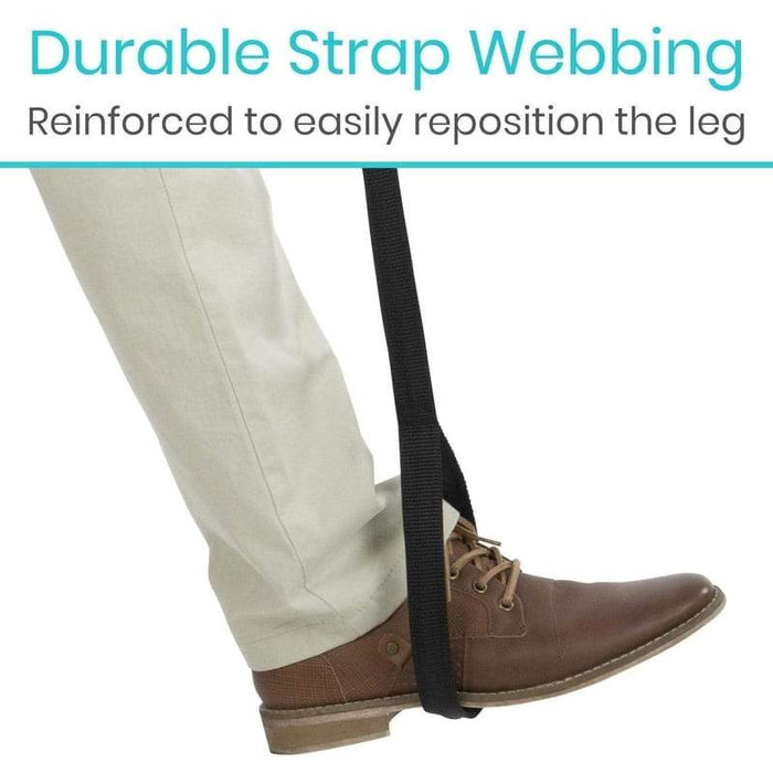 Durable strap webbing reinforced to easily reposition the leg