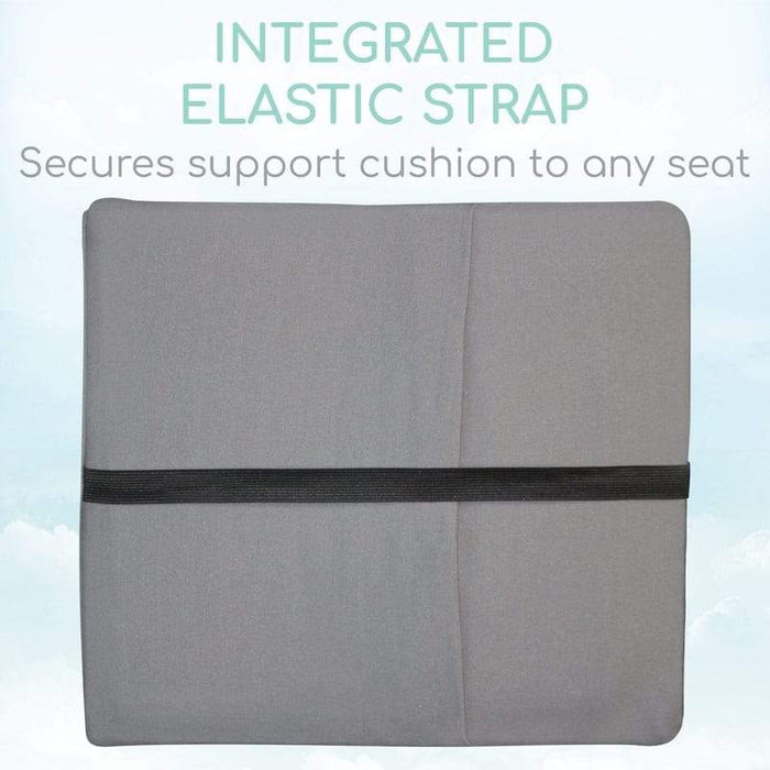 Integrated Elastic Strap, Secures support cushion to any seat