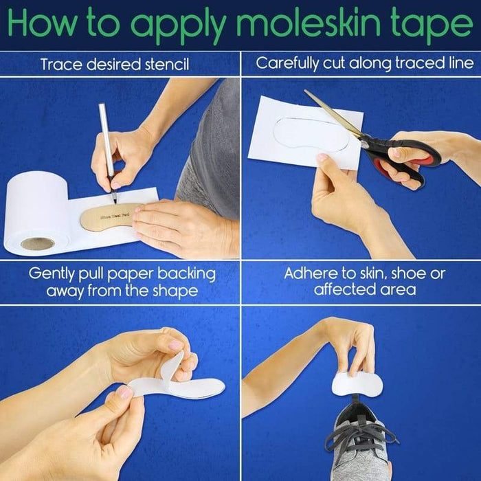 How to apply moleskin tape 1. Trace desired stencil 2. Carefully cut along traced line 3. Gently pull paper backing away from the shape 4. Adhere to skin, shoe or affected area