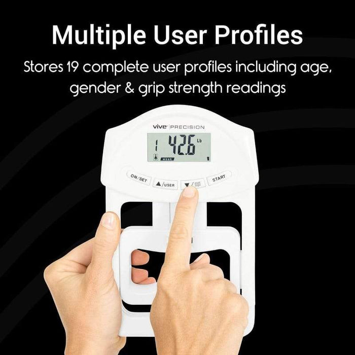 Multiple User Profiles. Stores 19 completer user profiles including age, gender & grip strength readings