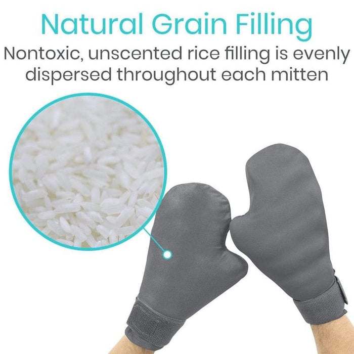 Natural Grain Filling. Nontoxic, unsceneted rice filling is evenly dispersed throughout each mitten