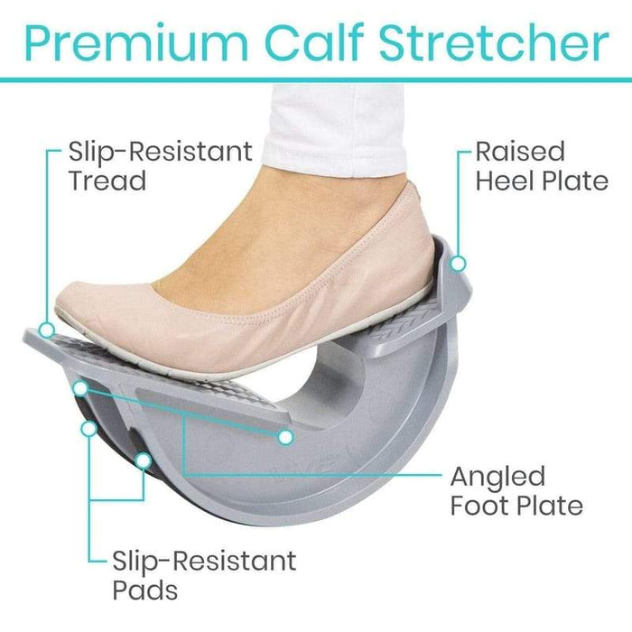 Premium calf stretcher. Slip-resistant tread, raised heel plate, slip-resistant pads and angled foot plate