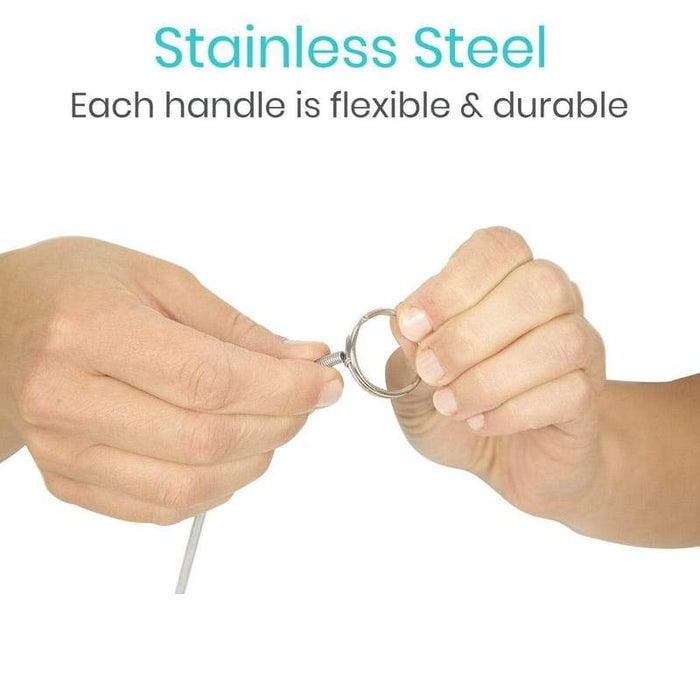 Stainless Steel. Each handle is flexible & durable