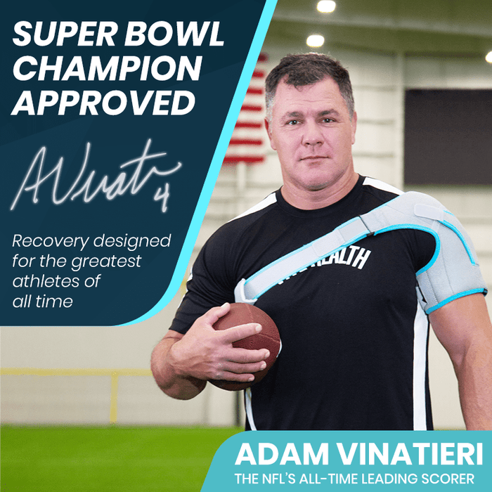 Shoulder Ice Wrap, Super Bowl Champion Approved, Recovery designed for the greatest athletes of all time, Adam Vinatieri the NFL's all-time leading scorer