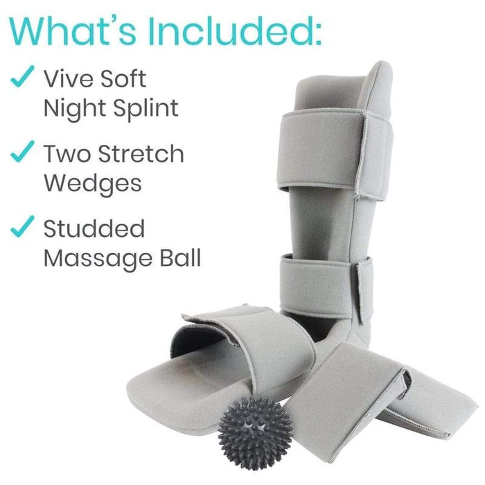 Whta's Included: Vive Soft Night Splint, Two Stretch Wedges, Studded Massage Ball