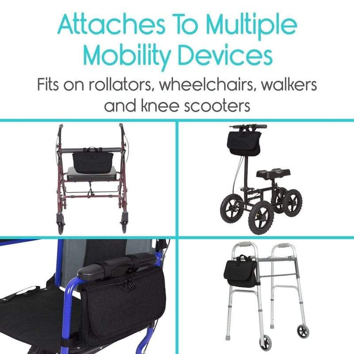 Attaches To Multiple Mobility Devices Fits on rollators, wheelchairs, walkers and knee scooters